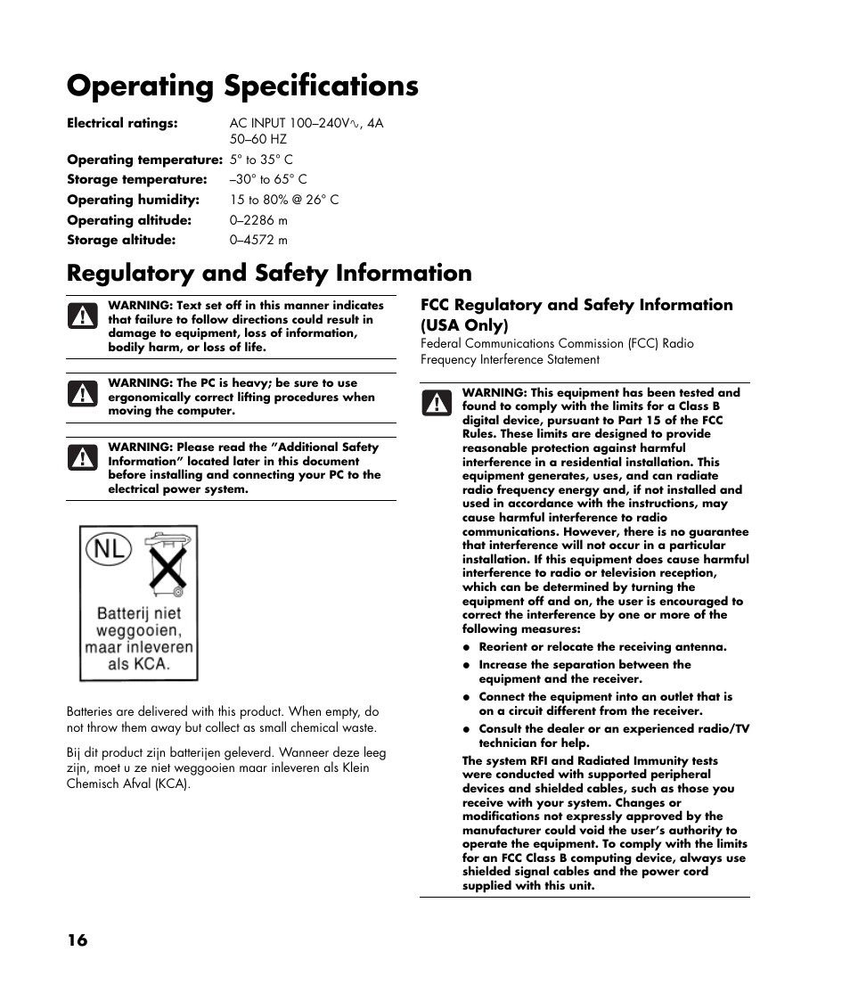 Operating specifications, Regulatory and safety information | HP 2000495 User Manual | Page 16 / 20