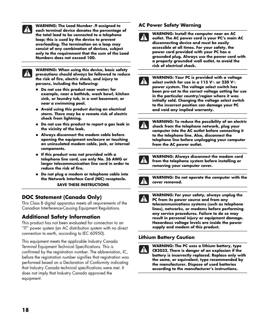 Doc statement (canada only), Additional safety information | HP 2000495 User Manual | Page 18 / 20