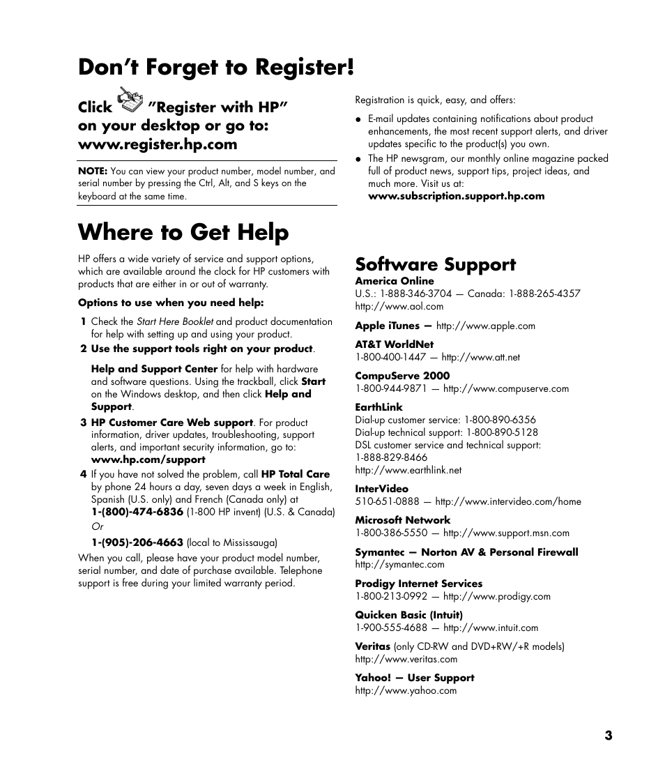 Don’t forget to register, Where to get help, Software support | HP 2000495 User Manual | Page 3 / 20