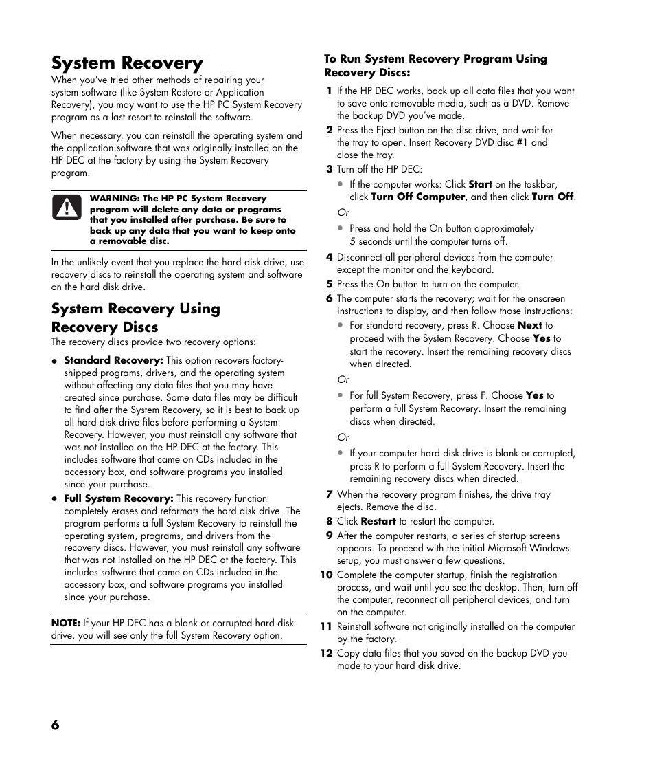 System recovery, System recovery using recovery discs | HP 2000495 User Manual | Page 6 / 20