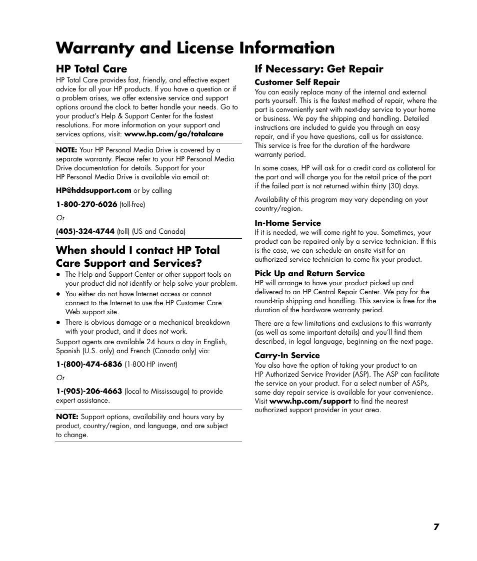 Warranty and license information, Hp total care, If necessary: get repair | HP 2000495 User Manual | Page 7 / 20