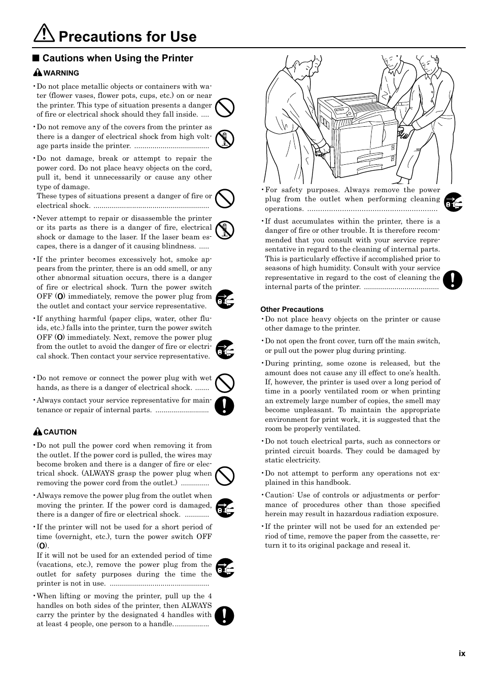 Precautions for use, Cautions when using the printer | HP WP36/50 User Manual | Page 10 / 115