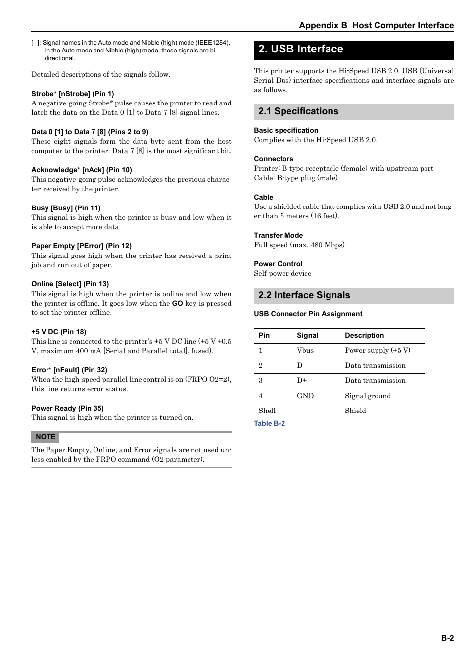 Usb interface, 1 specifications, 2 interface signals | 1 specifications 2.2 interface signals | HP WP36/50 User Manual | Page 104 / 115