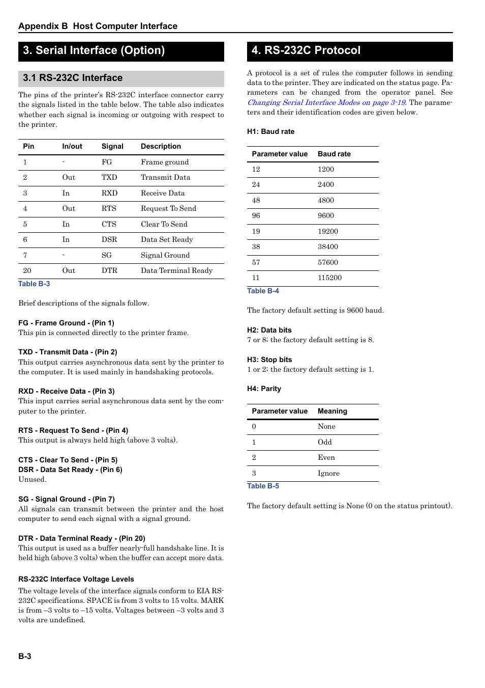 Serial interface (option), 1 rs-232c interface, Rs-232c interface voltage levels | Rs-232c protocol | HP WP36/50 User Manual | Page 105 / 115