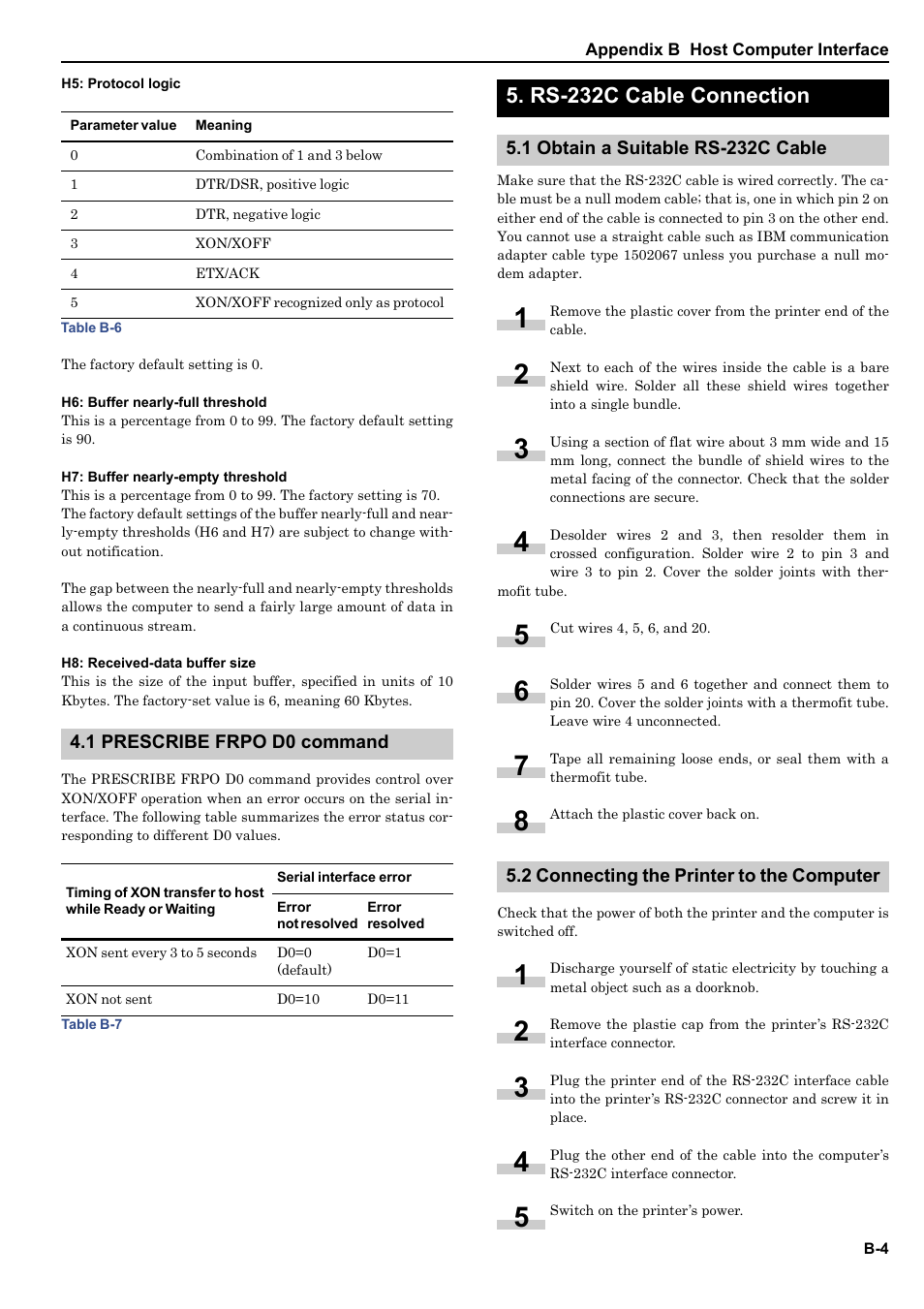 1 prescribe frpo d0 command, Rs-232c cable connection, 1 obtain a suitable rs-232c cable | 2 connecting the printer to the computer | HP WP36/50 User Manual | Page 106 / 115