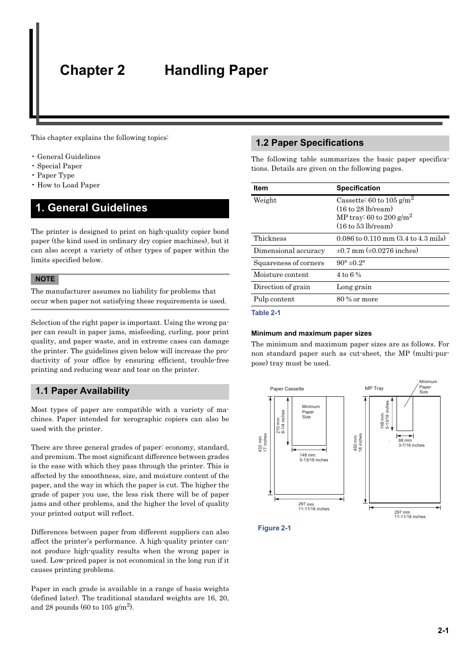 Chapter 2 handling paper, General guidelines, 1 paper availability | 2 paper specifications, Minimum and maximum paper sizes, Chapter 2 handling paper -1, 1 general guidelines -1, 1 paper availability 1.2 paper specifications | HP WP36/50 User Manual | Page 14 / 115
