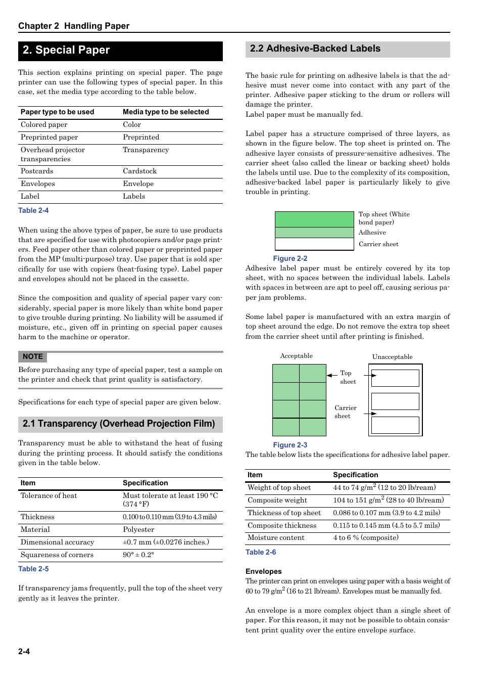 Special paper, 1 transparency (overhead projection film), 2 adhesive-backed labels | 2 special paper -4 | HP WP36/50 User Manual | Page 17 / 115