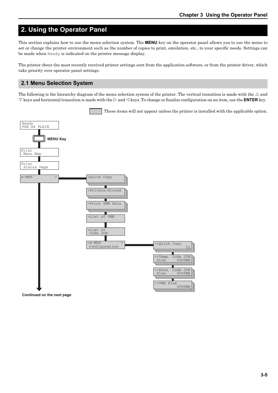 Using the operator panel, 1 menu selection system, 2 using the operator panel -5 | 1 menu selection system -5, Chapter 3 using the operator panel | HP WP36/50 User Manual | Page 26 / 115