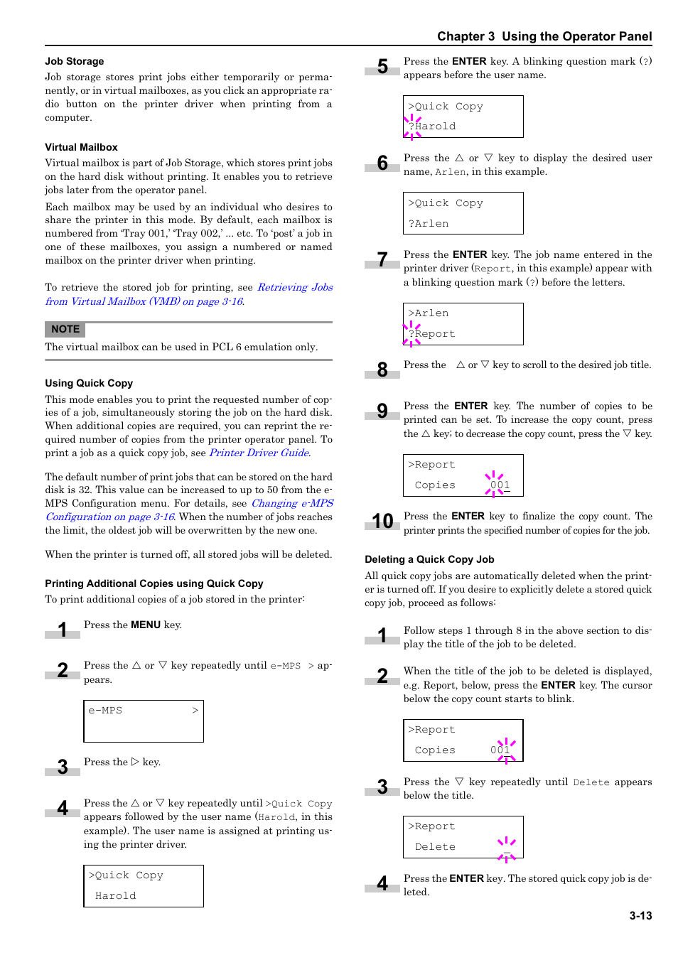 Job storage, Virtual mailbox, Using quick copy | Printing additional copies using quick copy, Deleting a quick copy job | HP WP36/50 User Manual | Page 34 / 115