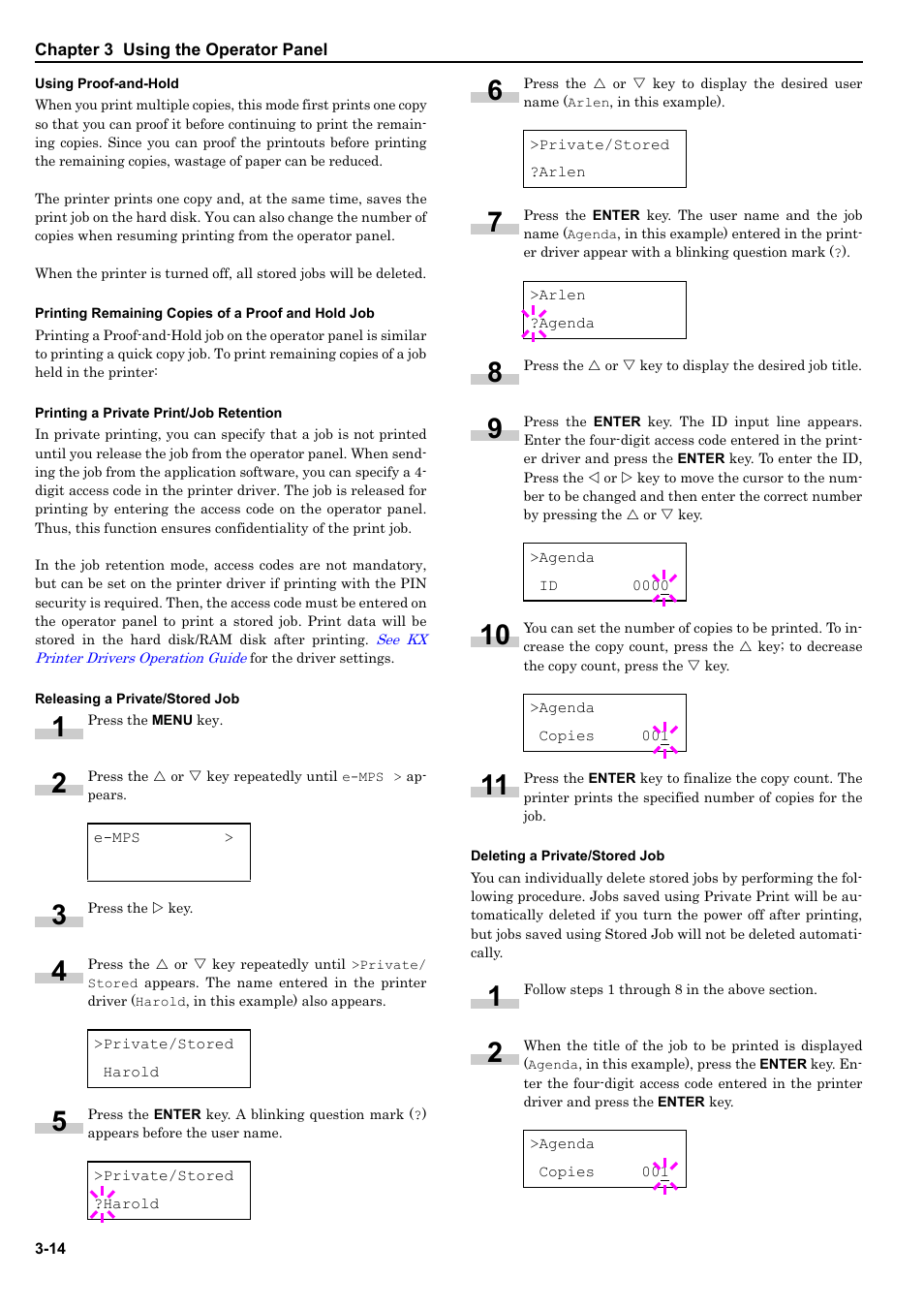 Using proof-and-hold, Printing remaining copies of a proof and hold job, Printing a private print/job retention | Releasing a private/stored job, Deleting a private/stored job | HP WP36/50 User Manual | Page 35 / 115