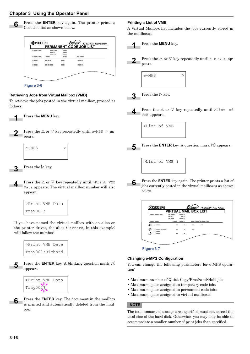 Retrieving jobs from virtual mailbox (vmb), Printing a list of vmb, Changing e-mps configuration | Retrieving jobs, Details, see, Changing e-mps, When | HP WP36/50 User Manual | Page 37 / 115