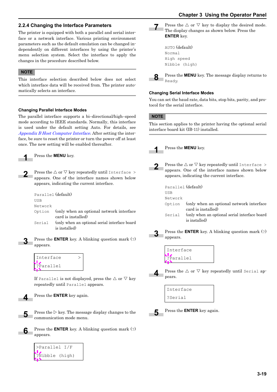 4 changing the interface parameters, Changing parallel interface modes, Changing serial interface modes | 4 changing the interface parameters -19 | HP WP36/50 User Manual | Page 40 / 115