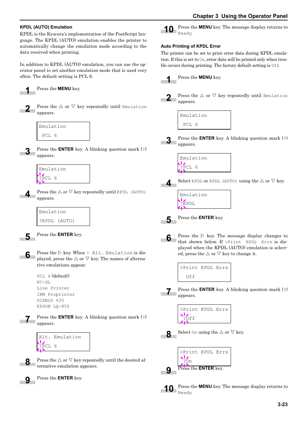 Kpdl (auto) emulation, Auto printing of kpdl error | HP WP36/50 User Manual | Page 44 / 115