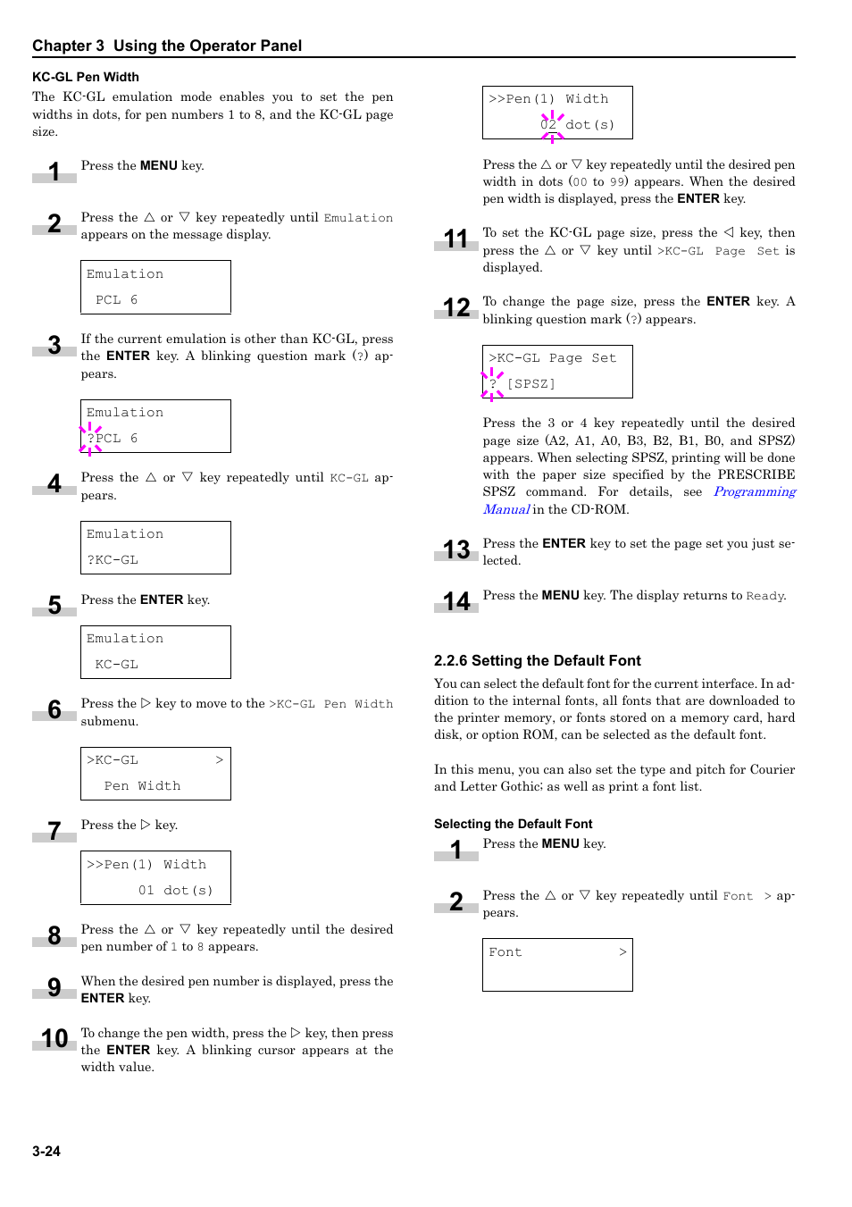 Kc-gl pen width, 6 setting the default font, Selecting the default font | 6 setting the default font -24 | HP WP36/50 User Manual | Page 45 / 115