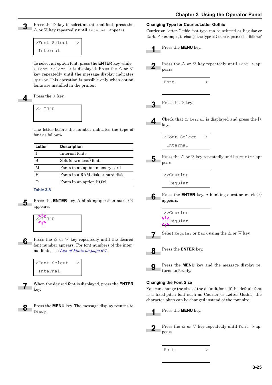 Changing type for courier/letter gothic, Changing the font size | HP WP36/50 User Manual | Page 46 / 115