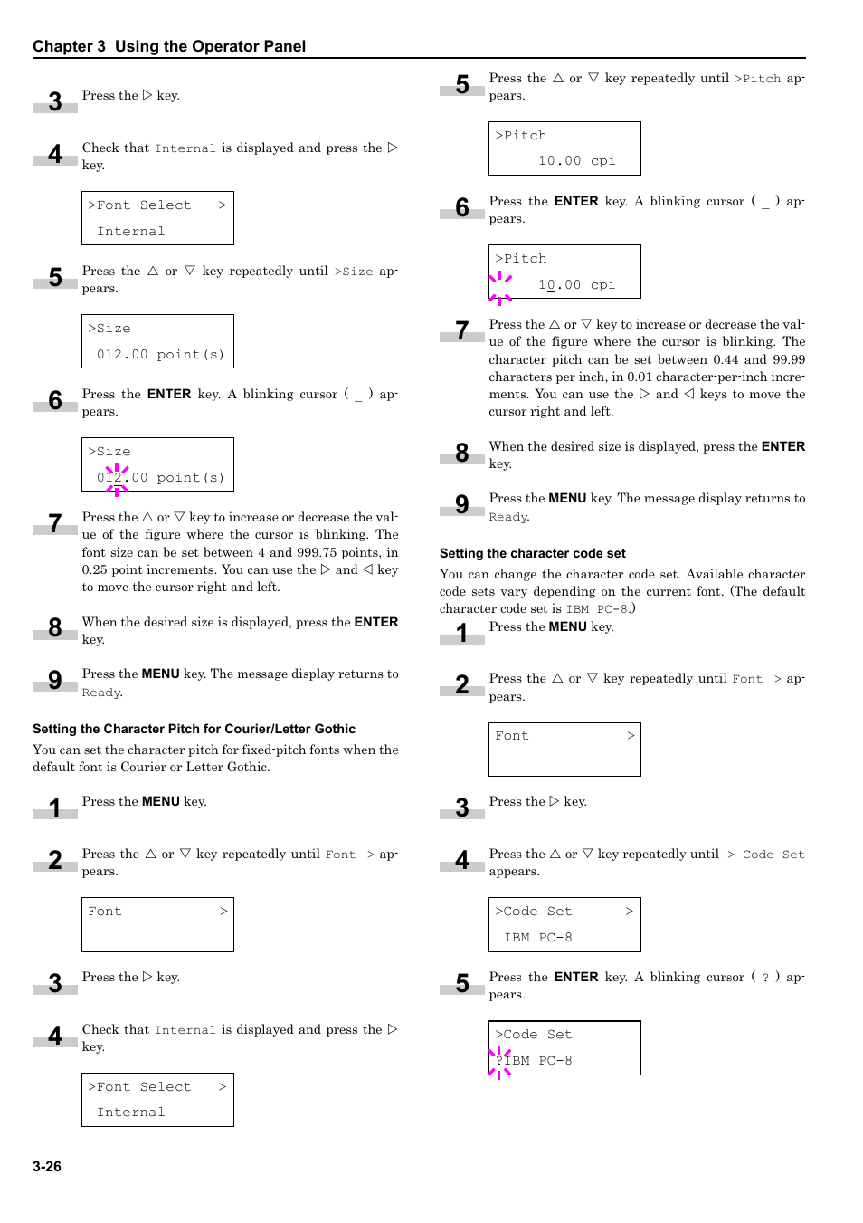 Setting the character code set | HP WP36/50 User Manual | Page 47 / 115