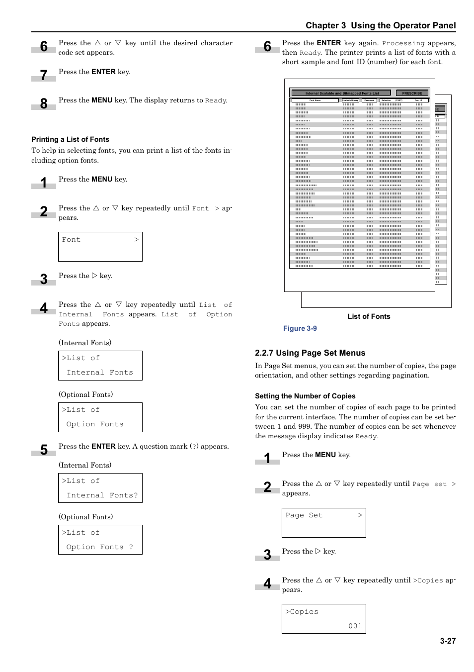 Printing a list of fonts, Setting the number of copies | HP WP36/50 User Manual | Page 48 / 115