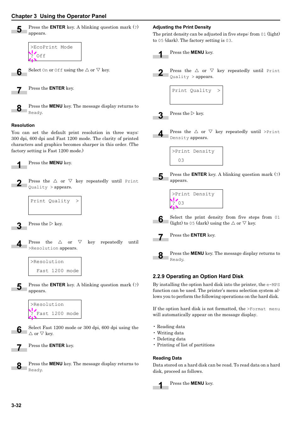 Resolution, Adjusting the print density, 9 operating an option hard disk | Reading data, 9 operating an option hard disk -32 | HP WP36/50 User Manual | Page 53 / 115