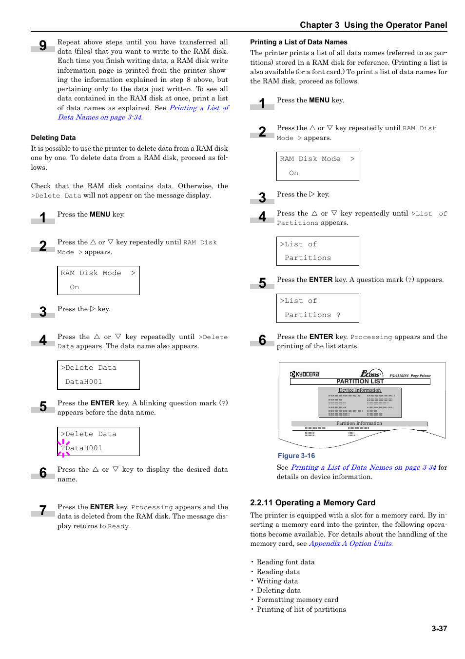 Deleting data, Printing a list of data names, 11 operating a memory card | 11 operating a memory card -37 | HP WP36/50 User Manual | Page 58 / 115