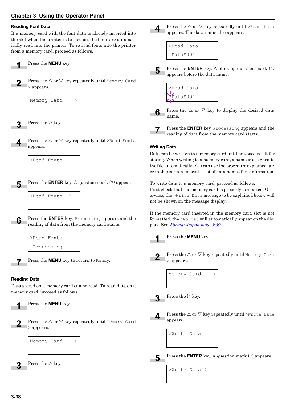 Reading font data, Reading data, Writing data | HP WP36/50 User Manual | Page 59 / 115