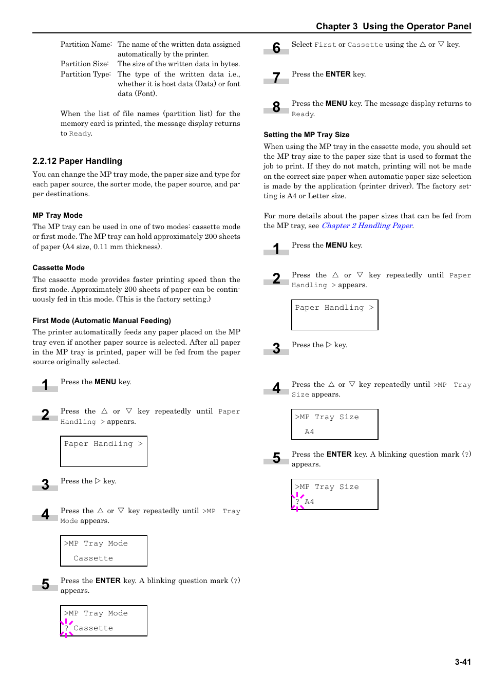 12 paper handling, Mp tray mode, Cassette mode | First mode (automatic manual feeding), Setting the mp tray size, 12 paper handling -41 | HP WP36/50 User Manual | Page 62 / 115