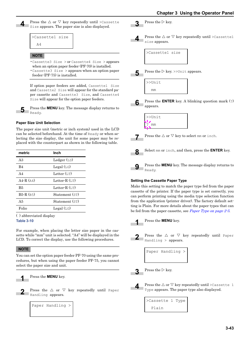 Paper size unit selection, Setting the cassette paper type | HP WP36/50 User Manual | Page 64 / 115