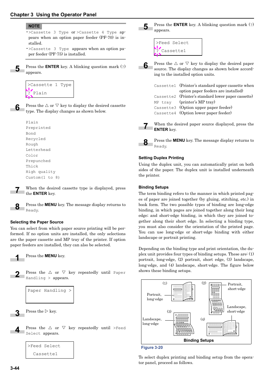 Selecting the paper source, Setting duplex printing, Binding setups | HP WP36/50 User Manual | Page 65 / 115