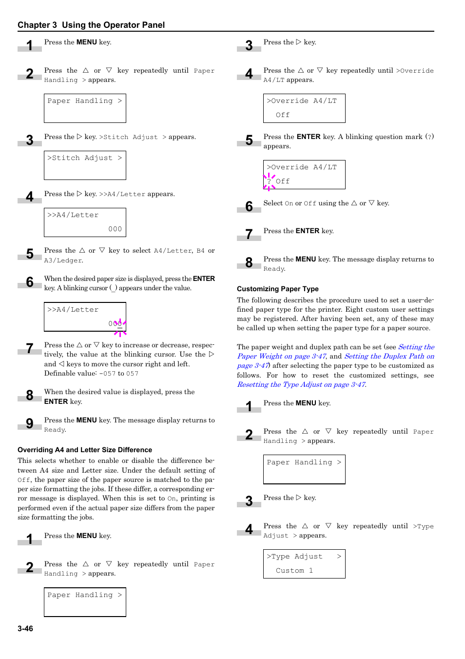 Overriding a4 and letter size difference, Customizing paper type, Customizing paper type on | Customizing | HP WP36/50 User Manual | Page 67 / 115
