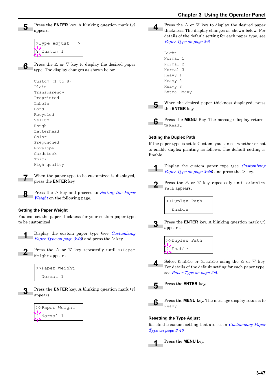 Setting the paper weight, Setting the duplex path, Resetting the type adjust | Set (see, Setting the, Setting the duplex path on | HP WP36/50 User Manual | Page 68 / 115