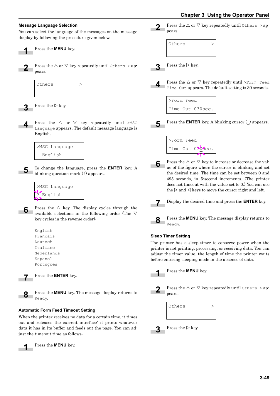 Message language selection, Automatic form feed timeout setting, Sleep timer setting | HP WP36/50 User Manual | Page 70 / 115