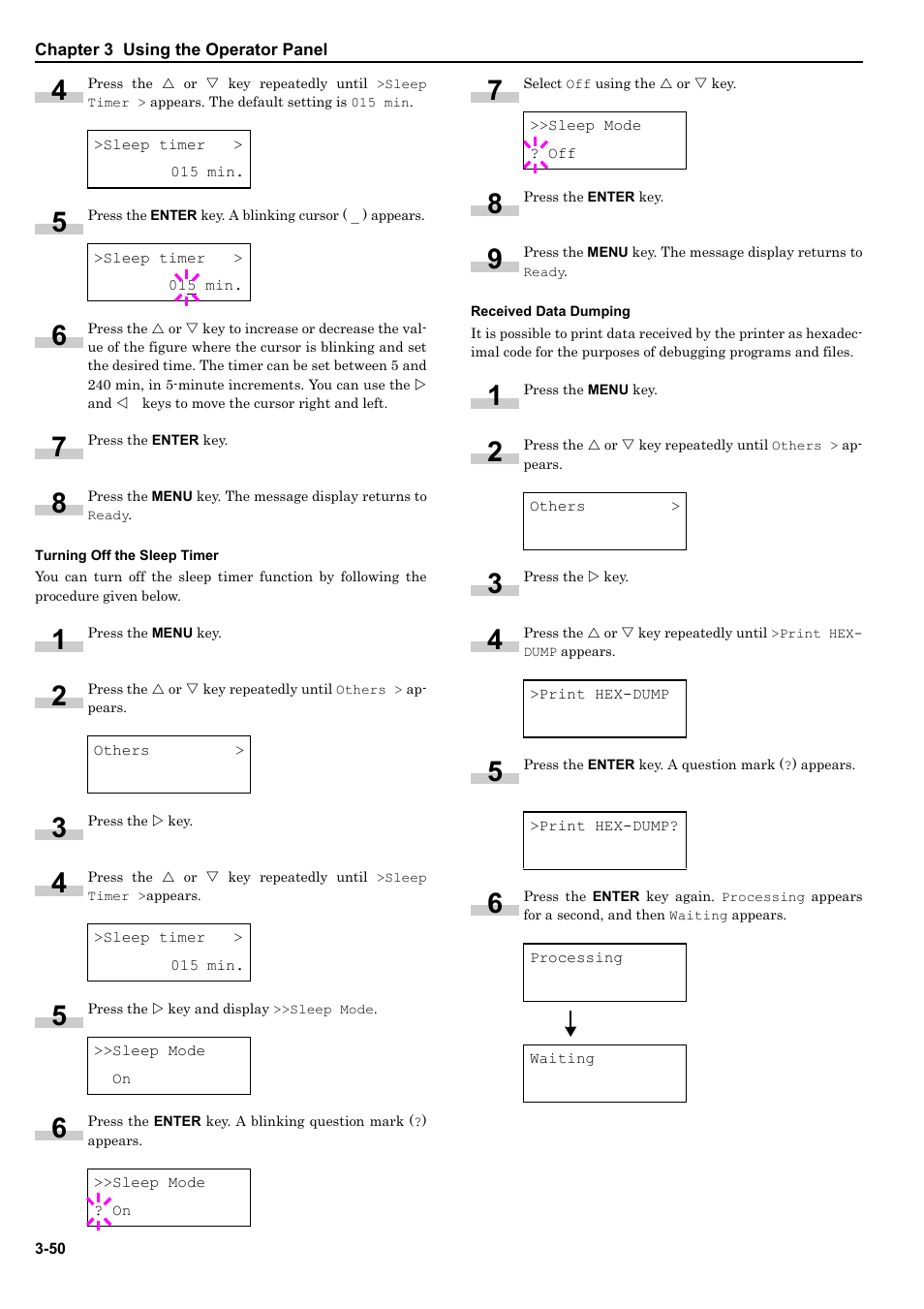 Turning off the sleep timer, Received data dumping | HP WP36/50 User Manual | Page 71 / 115