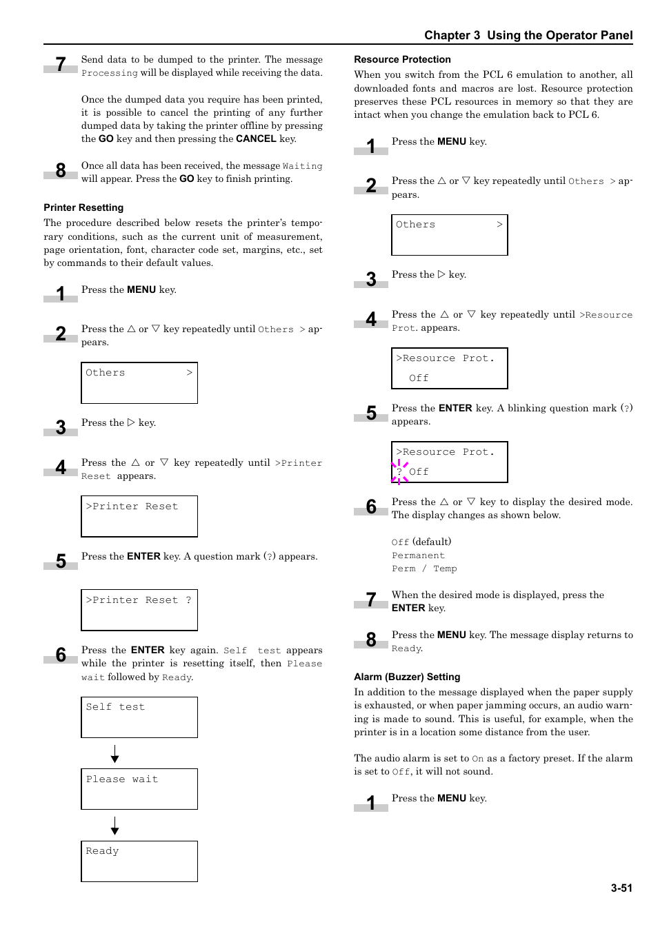 Printer resetting, Resource protection, Alarm (buzzer) setting | HP WP36/50 User Manual | Page 72 / 115