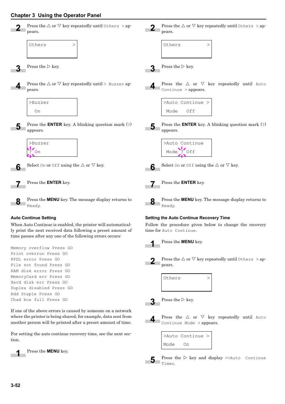 Auto continue setting, Setting the auto continue recovery time | HP WP36/50 User Manual | Page 73 / 115