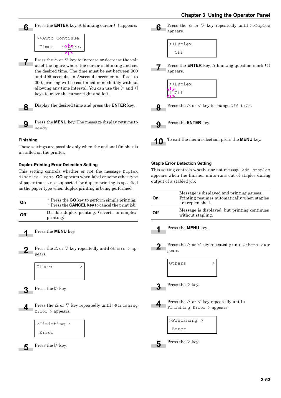 Finishing, Duplex printing error detection setting, Staple error detection setting | HP WP36/50 User Manual | Page 74 / 115
