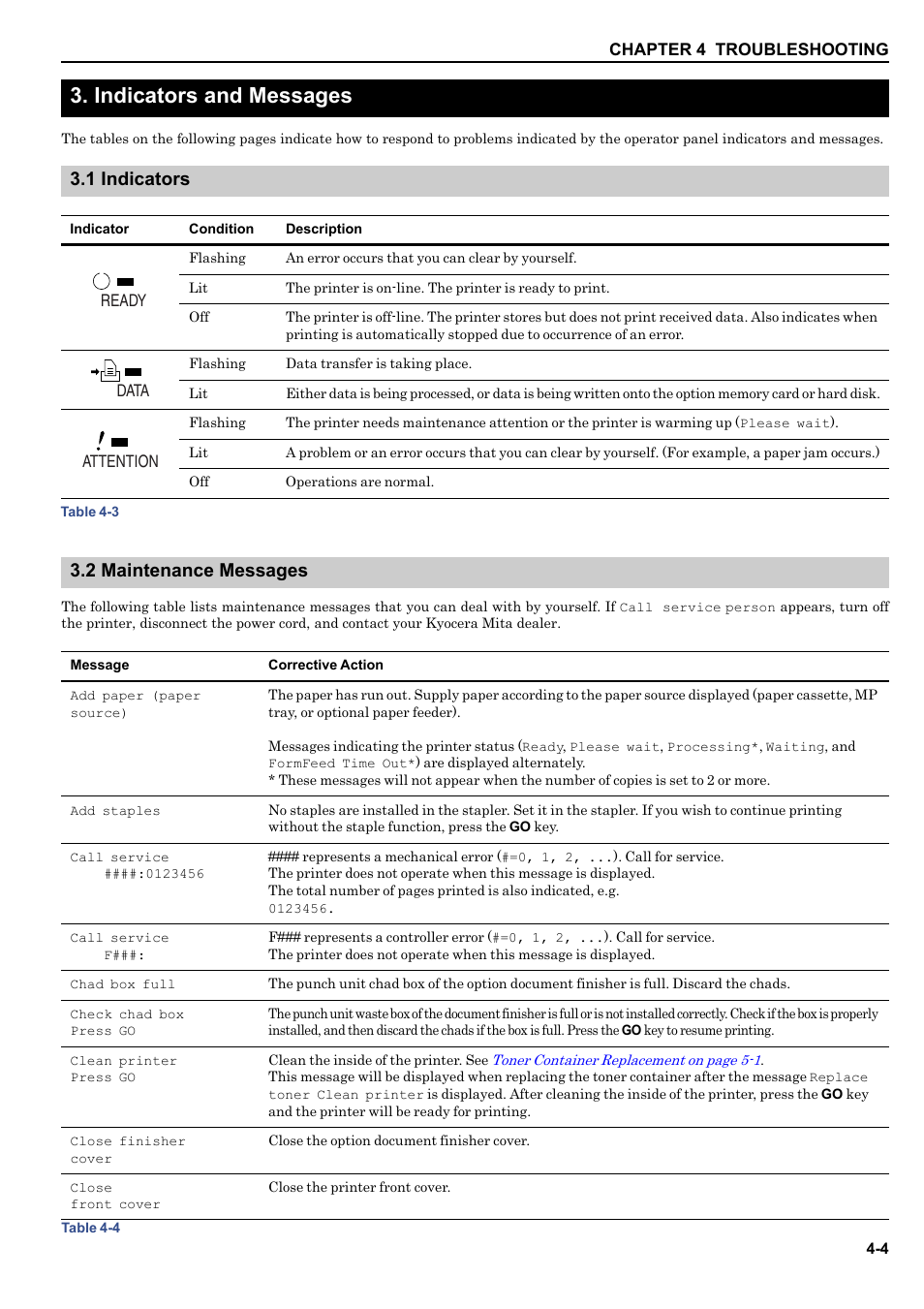 Indicators and messages, 1 indicators, 2 maintenance messages | 1 indicators -4 3.2 maintenance messages -4, 3 indicators and messages -4, Maintenance messages, Then take measures seeing, Indicators and messages on | HP WP36/50 User Manual | Page 80 / 115