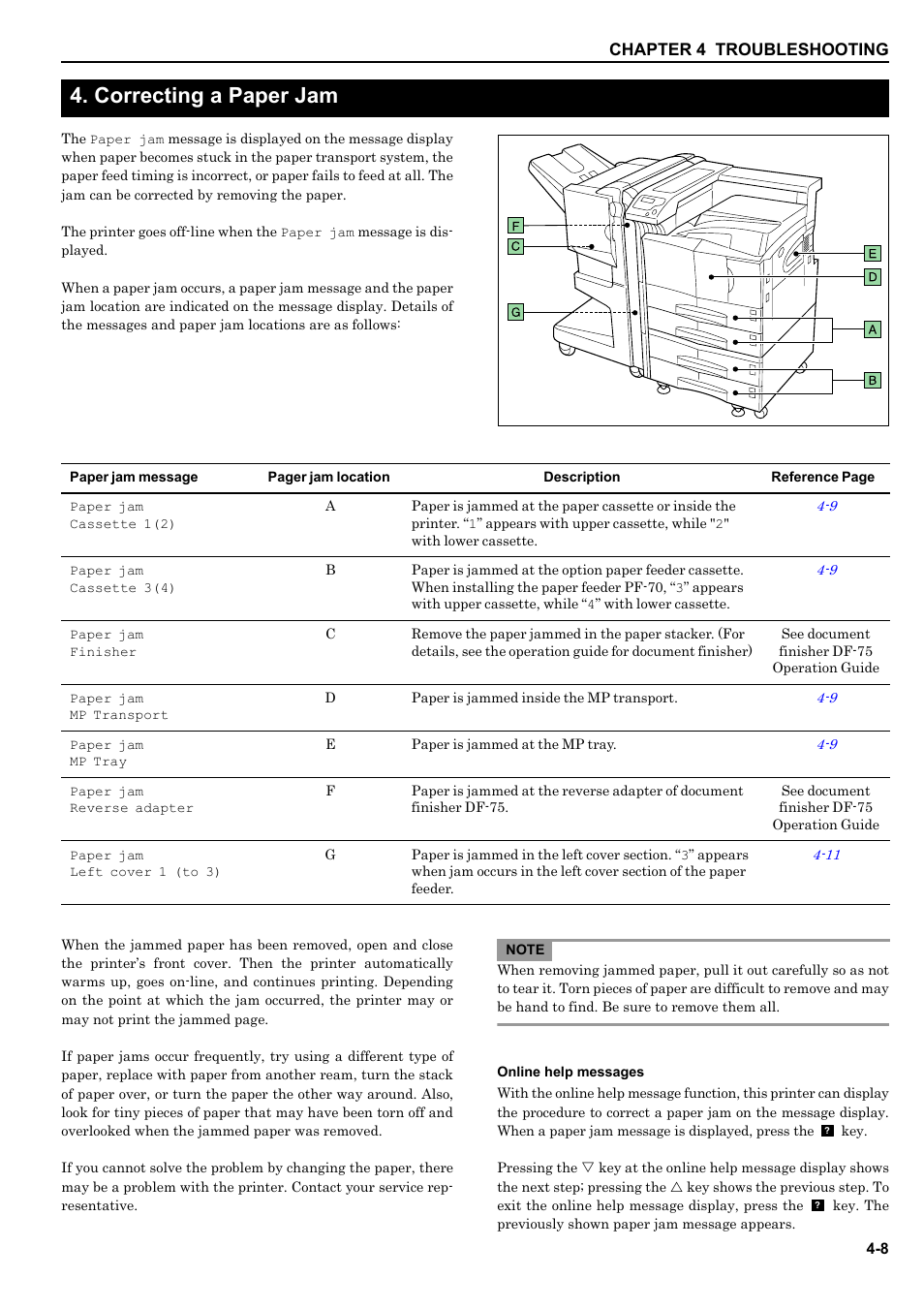 Correcting a paper jam, Online help messages, 4 correcting a paper jam -8 | HP WP36/50 User Manual | Page 84 / 115