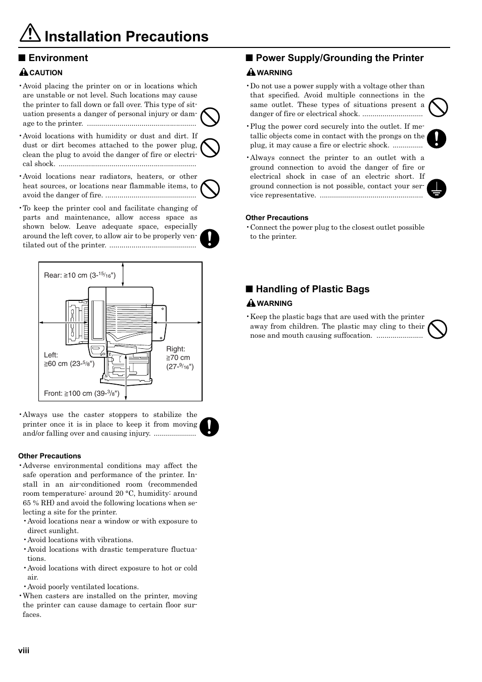 Installation precautions, Environment, Power supply/grounding the printer | Handling of plastic bags | HP WP36/50 User Manual | Page 9 / 115