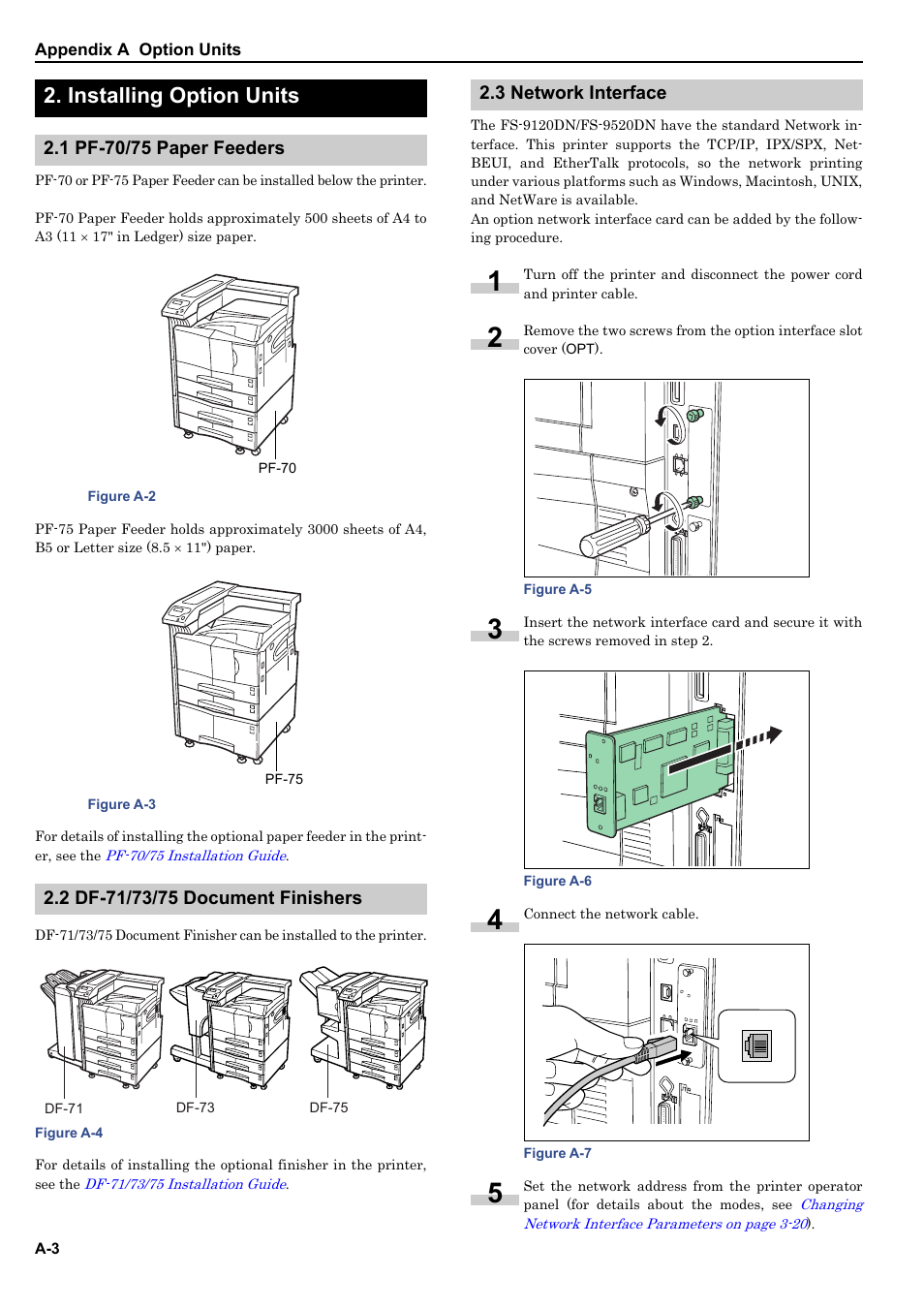 Installing option units, 1 pf-70/75 paper feeders, 2 df-71/73/75 document finishers | 3 network interface | HP WP36/50 User Manual | Page 99 / 115