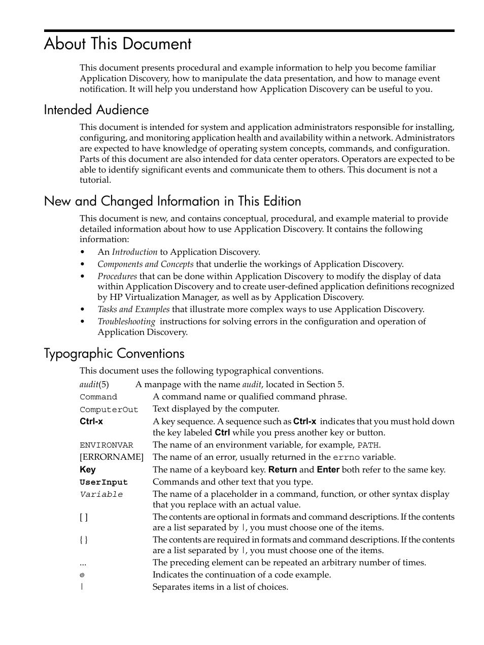 About this document, Intended audience, New and changed information in this edition | Typographic conventions | HP 5992-3838 User Manual | Page 11 / 78