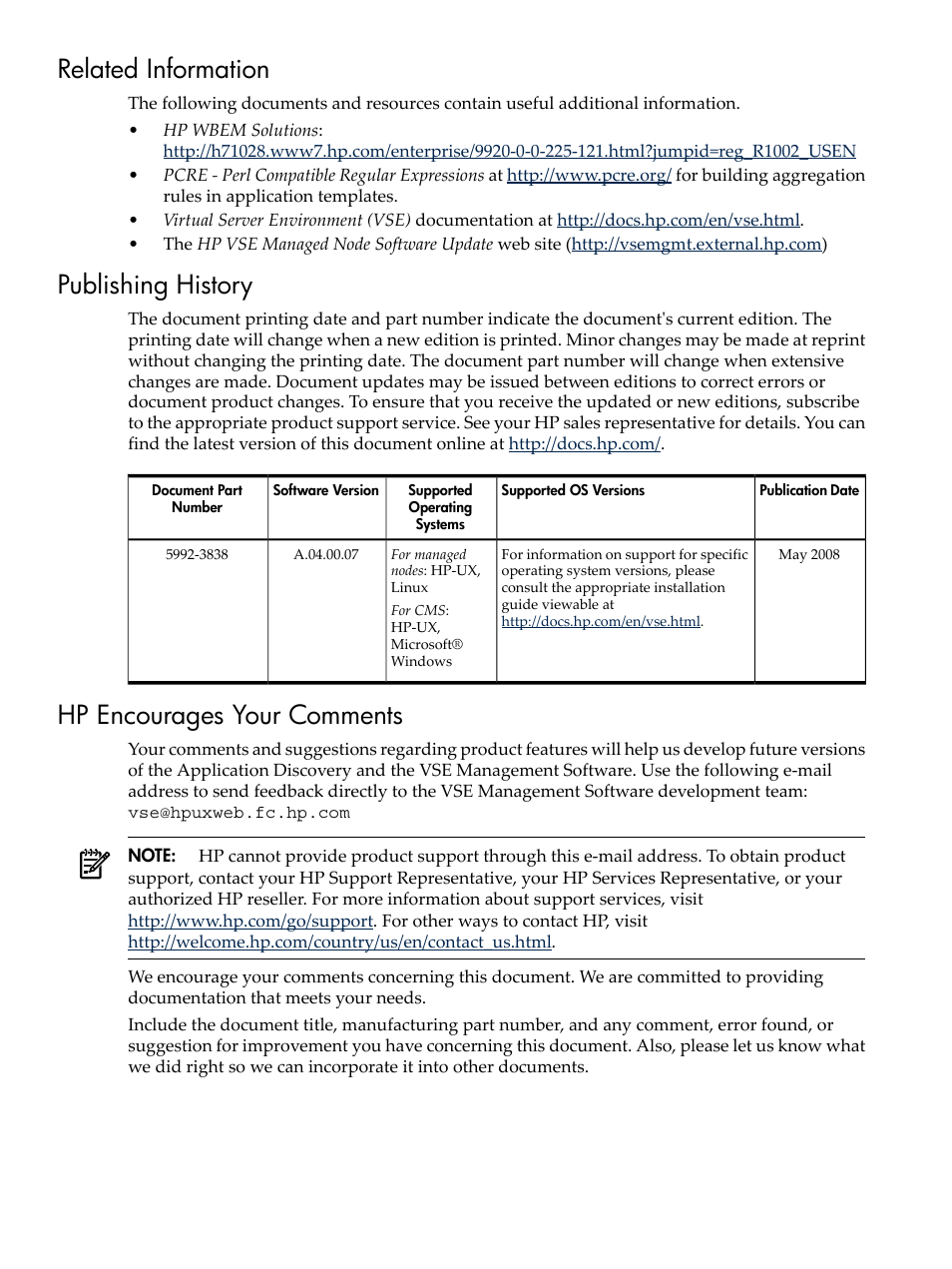 Related information, Publishing history, Hp encourages your comments | HP 5992-3838 User Manual | Page 12 / 78