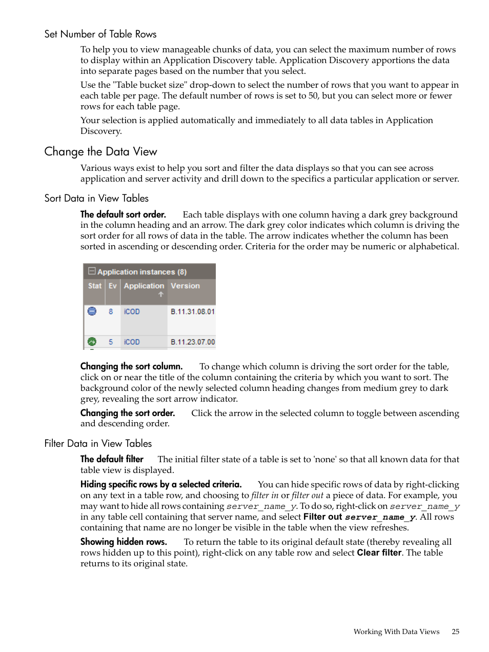 Set number of table rows, Change the data view, Sort data in view tables | Filter data in view tables | HP 5992-3838 User Manual | Page 25 / 78