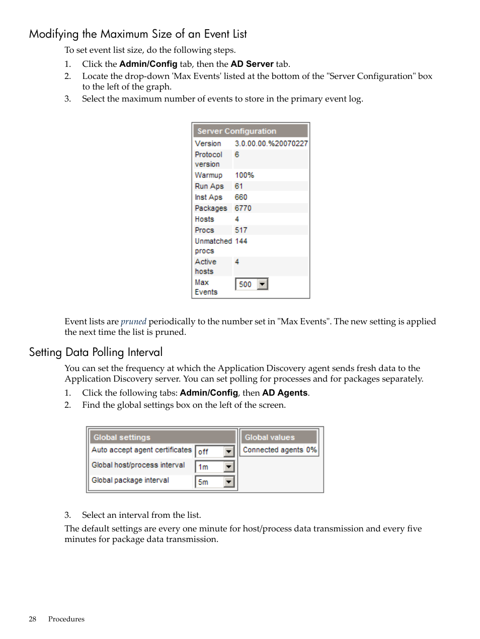 Modifying the maximum size of an event list, Setting data polling interval | HP 5992-3838 User Manual | Page 28 / 78