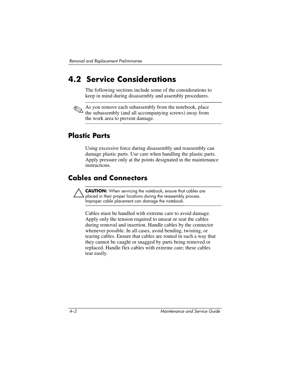 Plastic parts, Cables and connectors, 2 service considerations –2 | Plastic parts –2 cables and connectors –2, 2 service considerations | HP zx5000 User Manual | Page 100 / 272