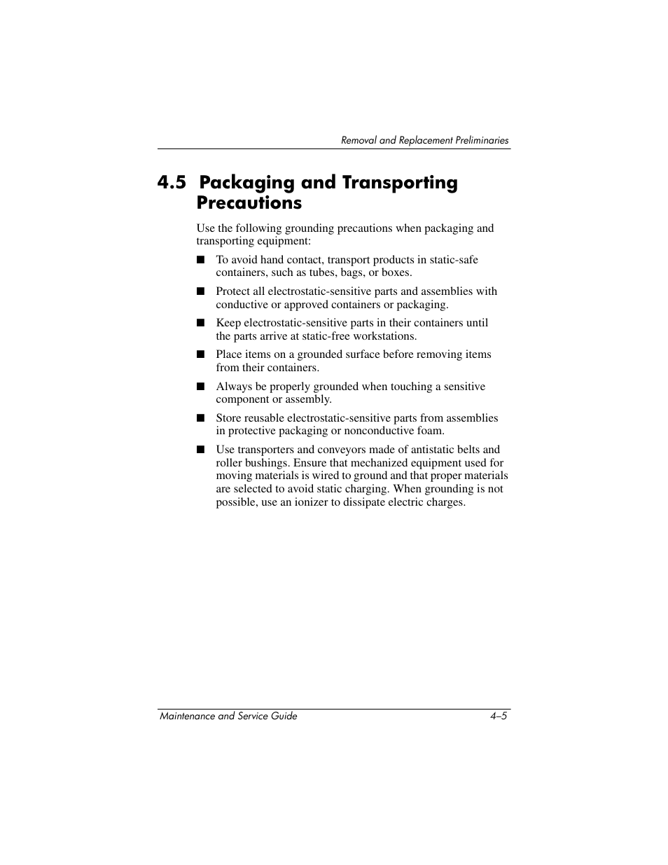 5 packaging and transporting precautions –5, 5 packaging and transporting precautions | HP zx5000 User Manual | Page 103 / 272