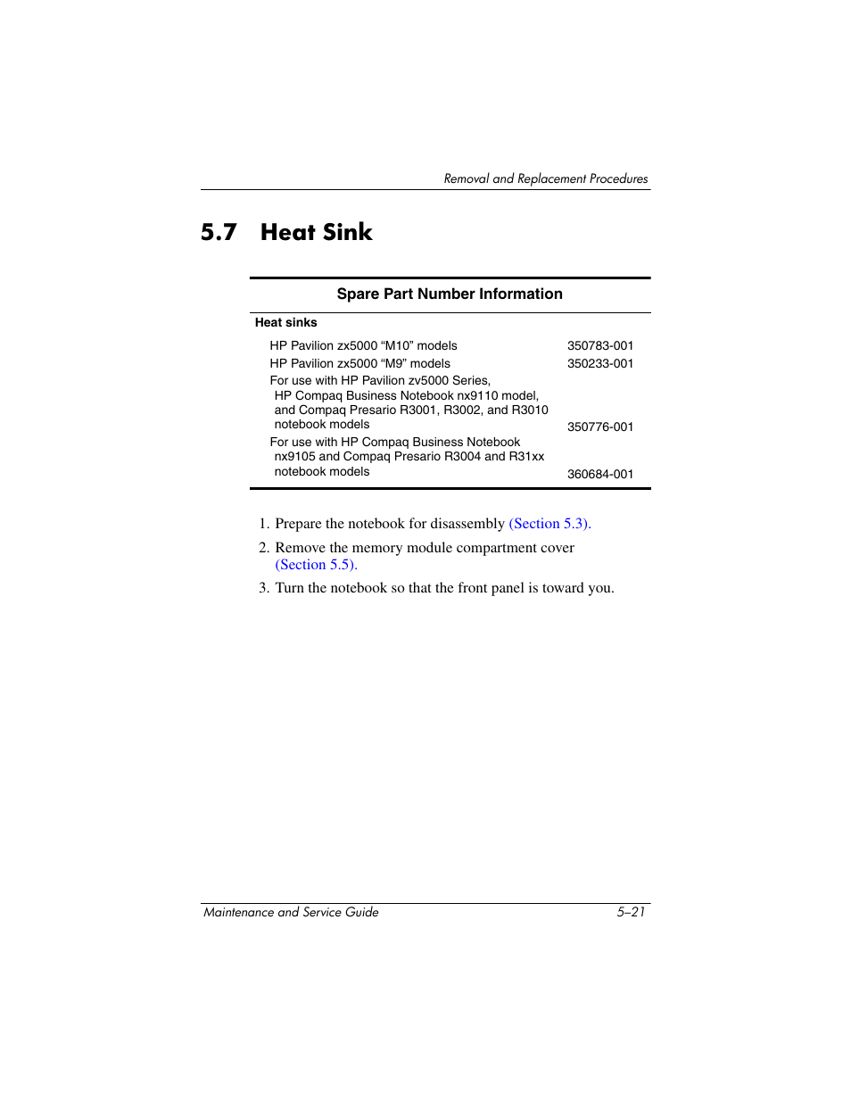 7 heat sink –21, 7 heat sink | HP zx5000 User Manual | Page 128 / 272