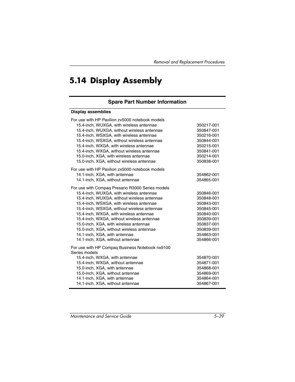 14 display assembly –39, 14 display assembly | HP zx5000 User Manual | Page 146 / 272