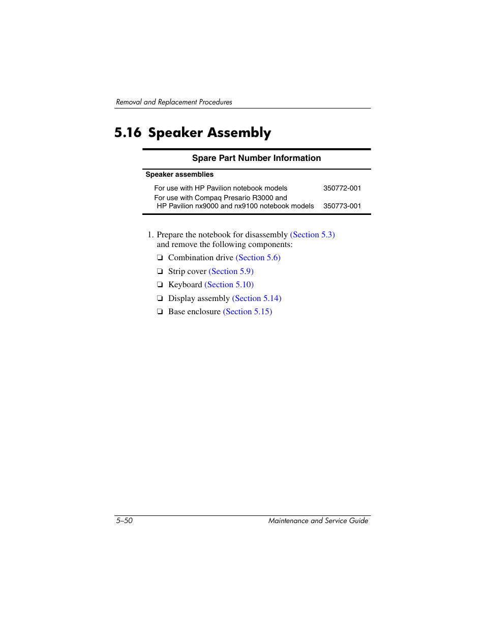 16 speaker assembly –50, 16 speaker assembly | HP zx5000 User Manual | Page 157 / 272