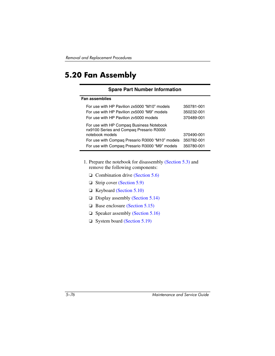 20 fan assembly –76, Section 5.20), 20 fan assembly | HP zx5000 User Manual | Page 183 / 272