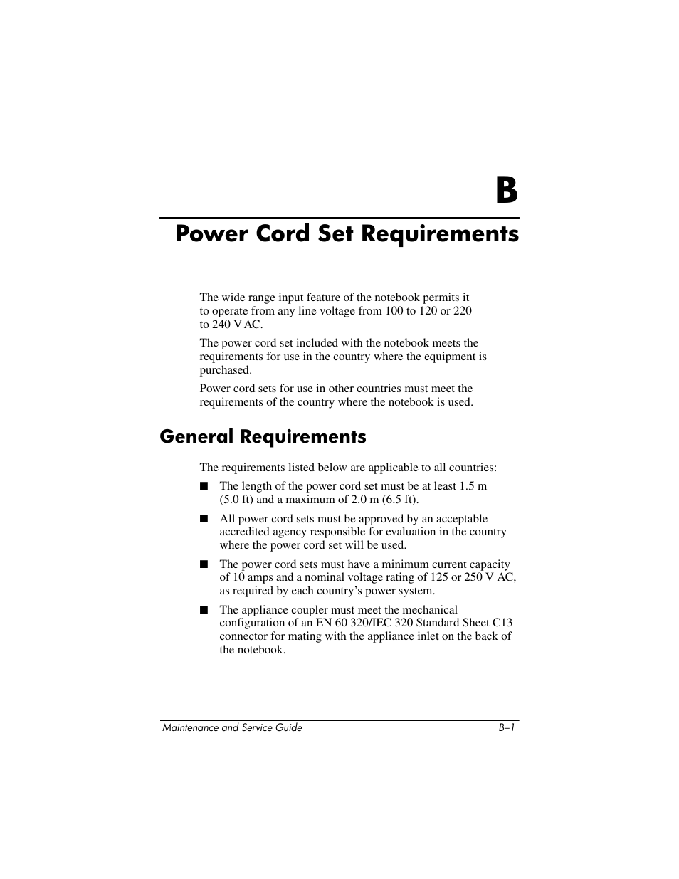 Power cord set requirements, General requirements, B power cord set requirements | HP zx5000 User Manual | Page 225 / 272