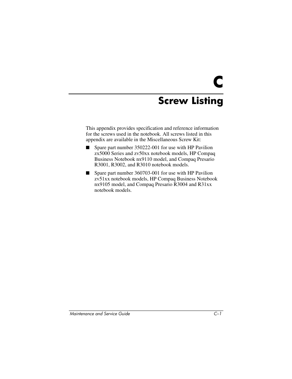 Screw listing, C screw listing | HP zx5000 User Manual | Page 228 / 272